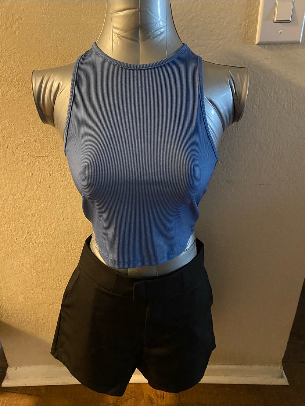 Ribbed High-Neck Crop Tank Top - Blue